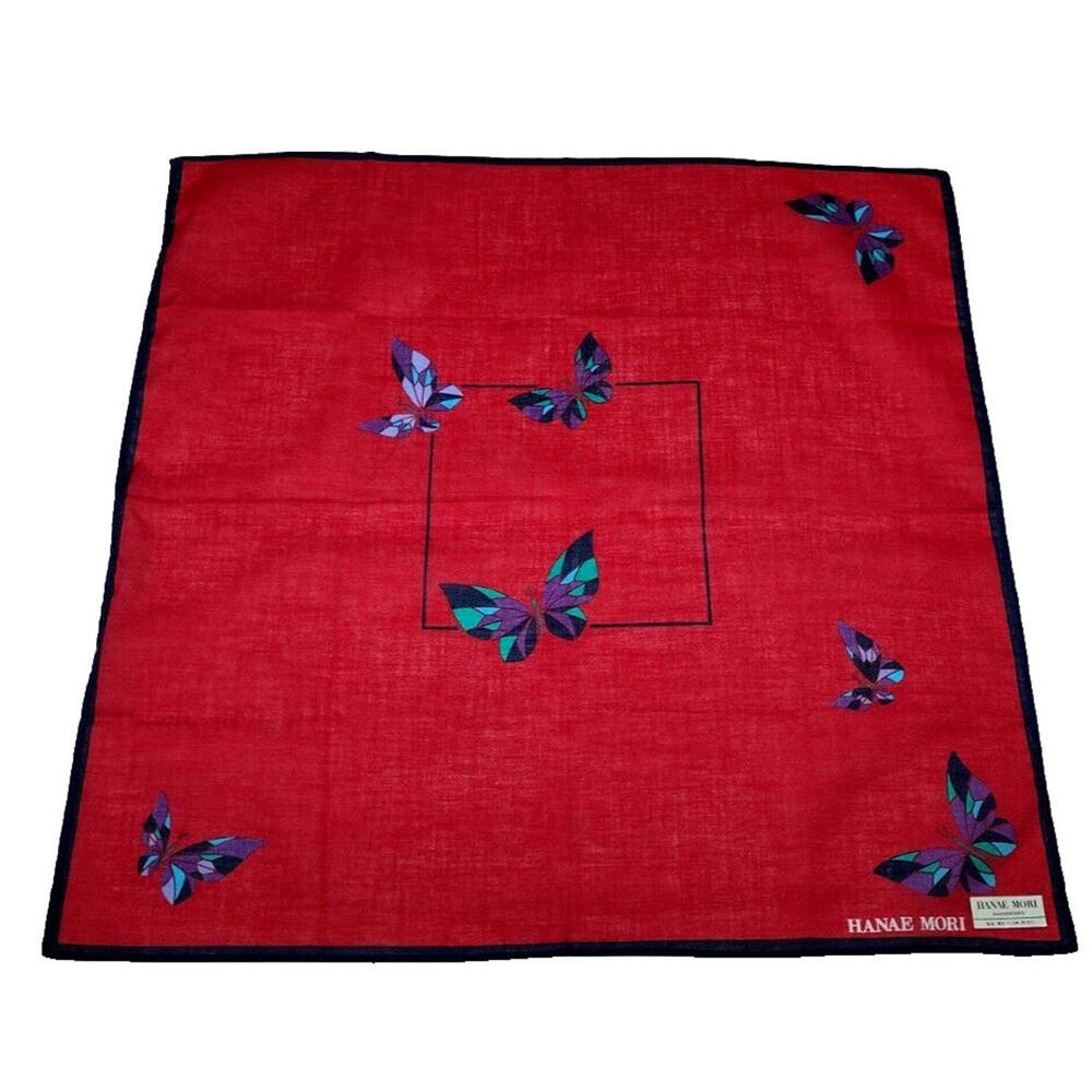 Vintage Hankie Hanae Mori Purple Butterflies Red Cotton Handkerchief Butterfly